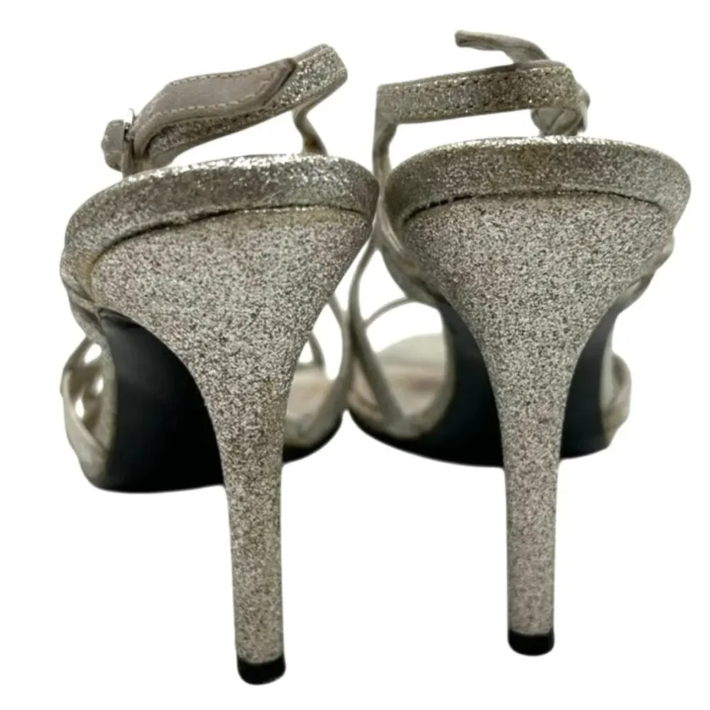 Nina Silver Glitter Strappy Unilora Heels Size 6.5 Glam Evening Slingback Y2K